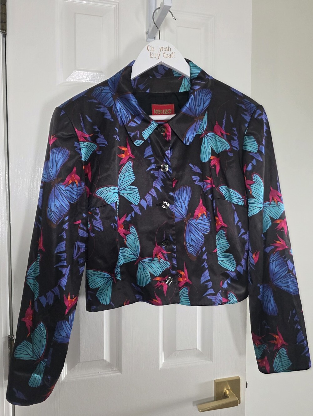 PRISTINE Kenzo Cropped Satin Butterfly Blazer Jacket Size 6 Black Blue Purple